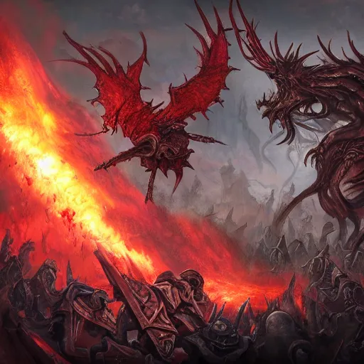 Prompt: chaos war, war theme, bloodbath battlefield background, fiery battle coloring, hearthstone art style, epic fantasy style art, fantasy epic digital art, epic fantasy card game art