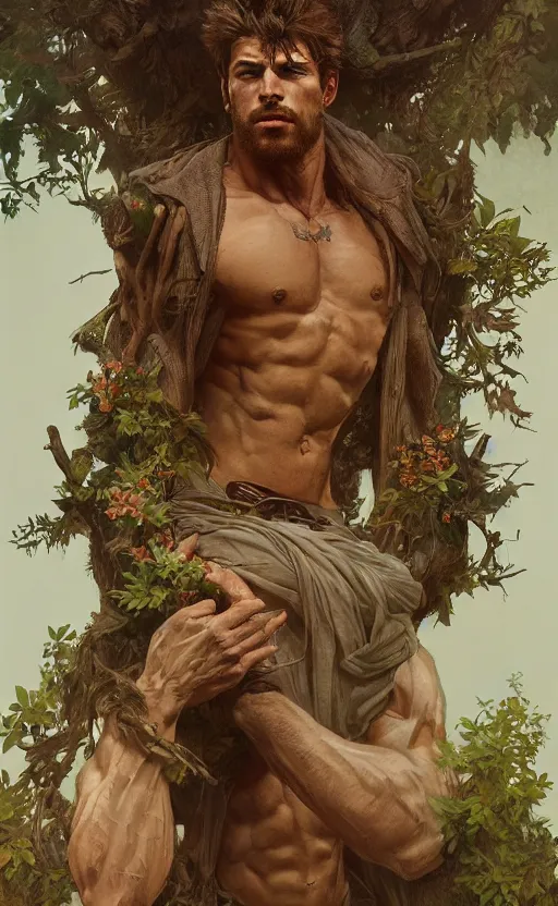 Image similar to god of the forest, 3 0 years old, rugged, handsome, male, detailed face, clean lines, atmospheric lighting, amazing, full body, flowers, muscular, intricate, highly detailed, digital painting, artstation, concept art, sharp focus, illustration, art by greg rutkowski and alphonse mucha