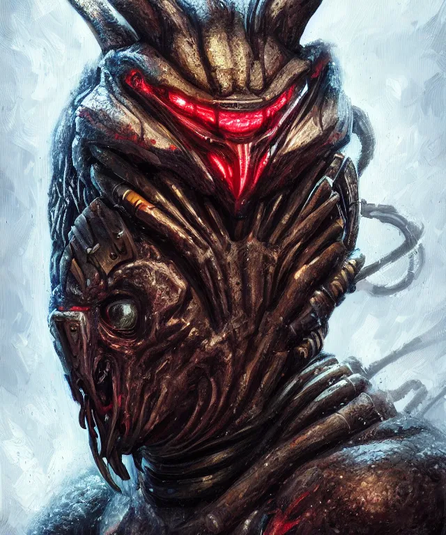 Image similar to a portrait of the predator by chris ayers, chibi style, oil on canvas, deep depth field, masterpiece, trending on artstation, featured on pixiv, cinematic composition, hyper - detailed, hd, hdr, 4 k, 8 k