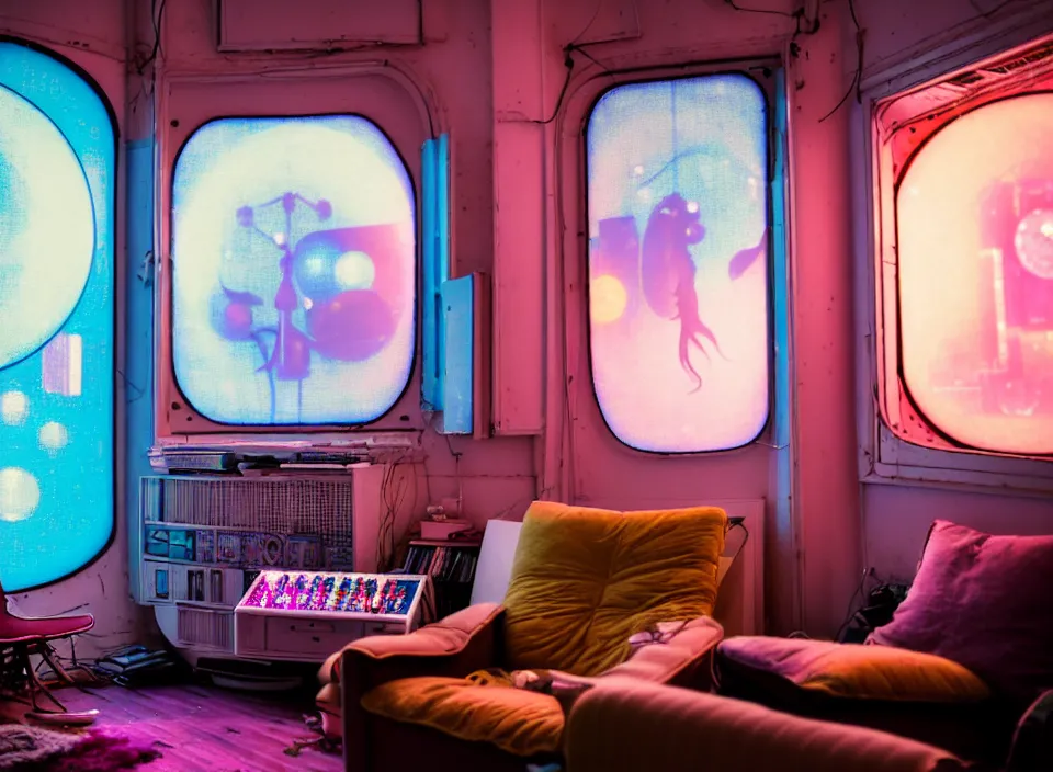 Prompt: telephoto 7 0 mm f / 2. 8 iso 2 0 0 photograph depicting the feeling of chrysalism in a cosy cluttered french sci - fi ( art nouveau ) cyberpunk apartment in a pastel dreamstate art cinema style. ( discoball, computer screens, window ( city ), fish tank, lamp ( ( ( armchair ) ) ) ), ambient light.