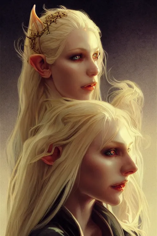 Image similar to portrait of a blonde vampire elven mage, dark, piercing eyes, gentle expression, elegant clothing, photorealistic, highly detailed, artstation, smooth, sharp focus, art by michael whelan, artgerm, greg rutkowski and alphonse mucha