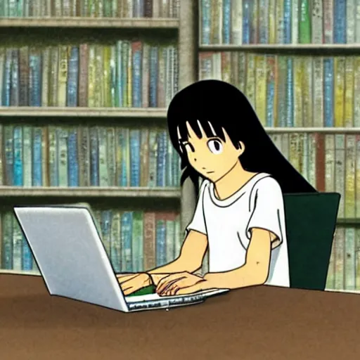 Prompt: tanned guy with long black hair using a laptop, art by hayao miyazaki, studio ghibli film