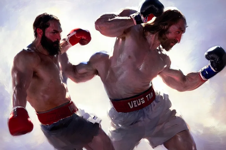 Image similar to jesus christ boxing with vladimir putin, fist fight, detailed faces, putin face, in battle by anders zorn, wonderful masterpiece by greg rutkowski, beautiful cinematic light, by greg manchess, jessica rossier
