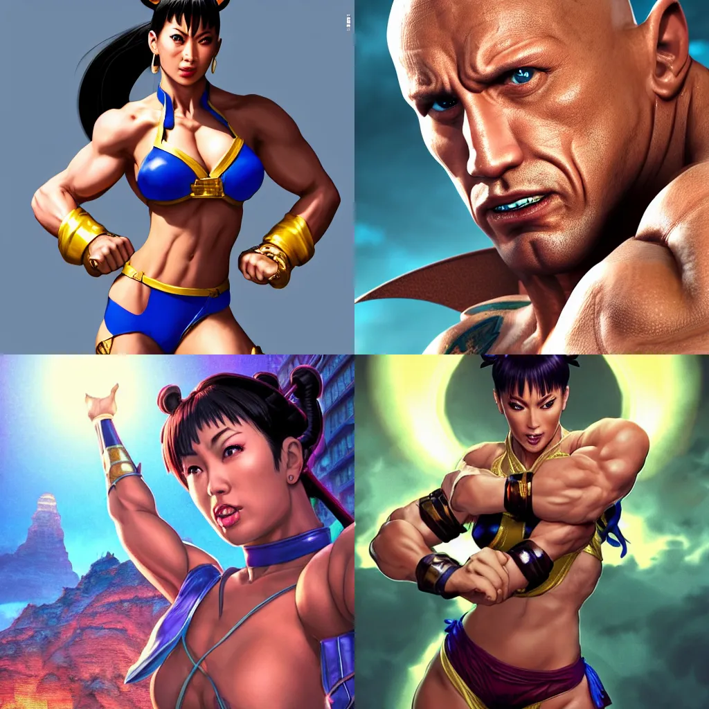 Image similar to male face reminiscent of dwayne johnson with chun li outfit from street fighter, dwayne johnson wearing chun li's bikini, intricate, epic lighting, cinematic composition, hyper realistic, 8k resolution, unreal engine 5, by Artgerm, tooth wu, dan mumford, beeple, wlop, rossdraws, James Jean, Andrei Riabovitchev, Marc Simonetti, yoshitaka Amano, Artstation