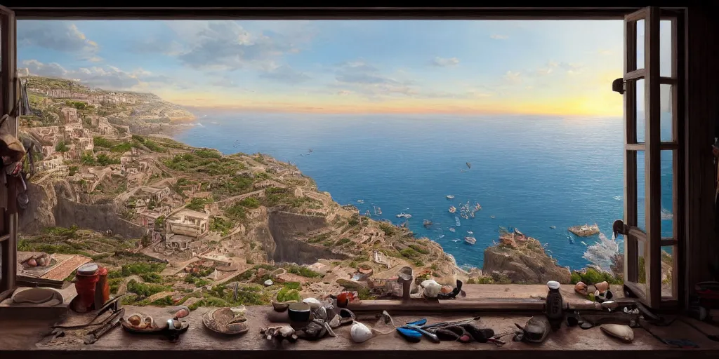 Image similar to looking out a house window on a cliff, fishing supplies on shelf near window, wide angle, sunset, a mediterranean phoenician fishing village below, over a chalk cliff, highly detailed, digital painting, artstation, concept art, sharp focus, illustration, art by artgerm and greg rutkowski and raphael lacoste and magali villeneuve