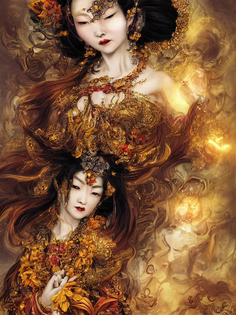 Image similar to Character portrait of the Sunflower Goddess, a Chinese female deity who brings joy and light. Insanely nice professional hair style, dramatic hair color, digital painting of a old 17th century, amber jewels, baroque, ornate clothing, sci-fi, dark smoke background, flames, very realistic, chiaroscuro, art by Franz Hals and Jon Foster and Ayami Kojima and Amano and Karol Bal.