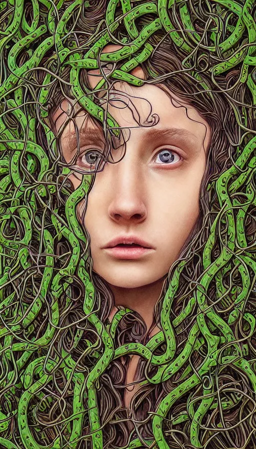 Prompt: very detailed portrait of a 2 0 years old girl surrounded by tentacles, the youg woman visage is blooming from fractal and vines, by jason de graaf