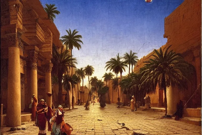 Image similar to palm tree-lined street at midnight in a very ancient very beautiful Egyptian city by Ludwig Deutsch and Rudolf Ernst, colorful tiled architecture, strong dramatic cinematic lighting, lost civilizations, smooth, sharp focus, extremely detailed