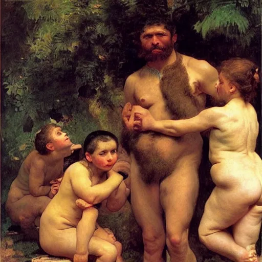 Image similar to portrait of an ancient human species neanderthal muscular rubenesque hairy family, by bouguereau, norman rockwell, ruben, manet, renoir