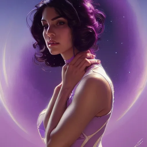 Image similar to Portrait of very very very very very very beautiful Latina woman, spacesuit, purple eyes, intricate, elegant, highly detailed, digital painting, artstation, concept art, smooth, sharp focus, illustration, art by artgerm and greg rutkowski and alphonse mucha