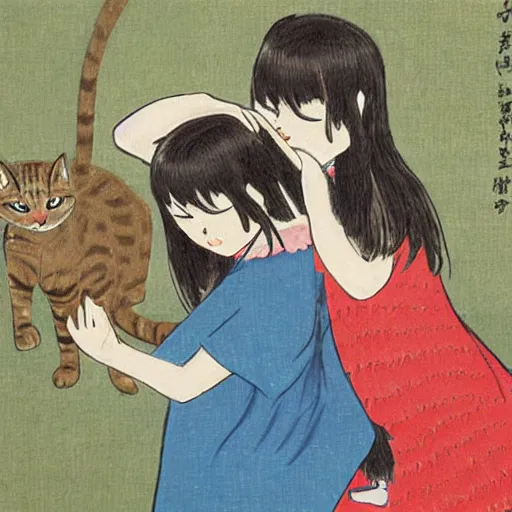 Prompt: Two girls struggling to hold a very angry and annoyed cat who is attempting to flee, painting by Yoshitomo Nara