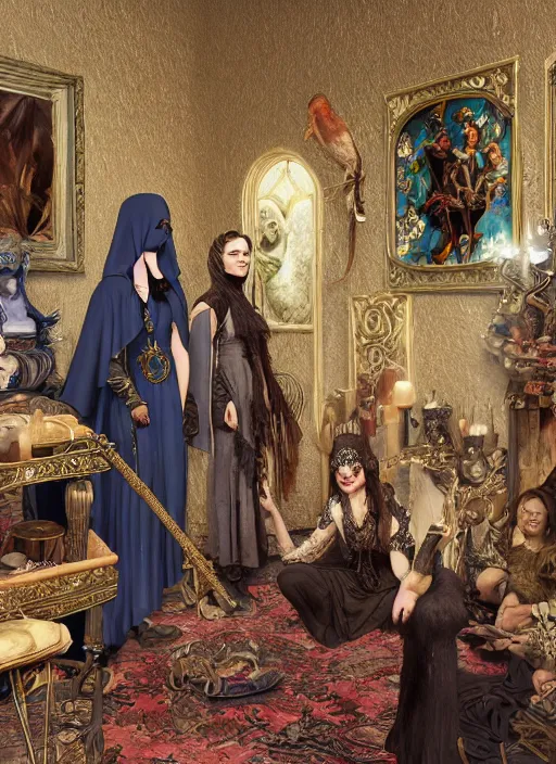 Prompt: picture inside covens den, intricate wiccan scene detailing, textless hyper ornate wiccan masks, highly detailed, lifelike, photorealistic, diffuse lighting, hdrp render, artstation, unreal 5, smooth, sharp focus, art by john collier, albert aublet, krenz cushart, artem demura, alphonse mucha