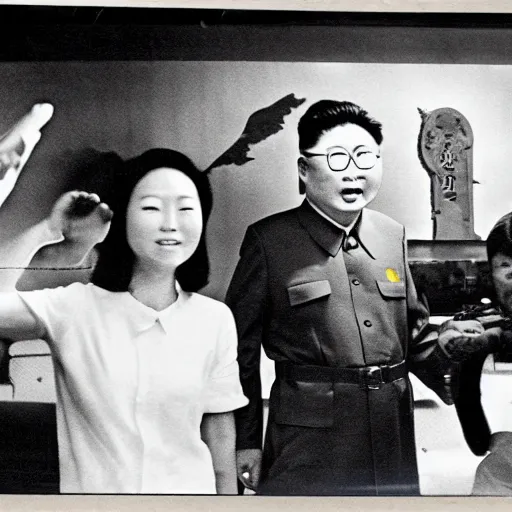 Image similar to rare vintage footage of Godzilla, Choi Eun-hee and Kim Jong-il, obscured underexposed view