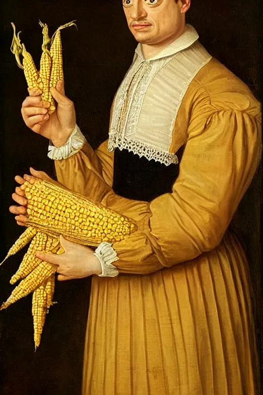 Image similar to a 1 6 0 0 s portrait painting of brendan fraser holding corn, intricate, elegant, highly detailed