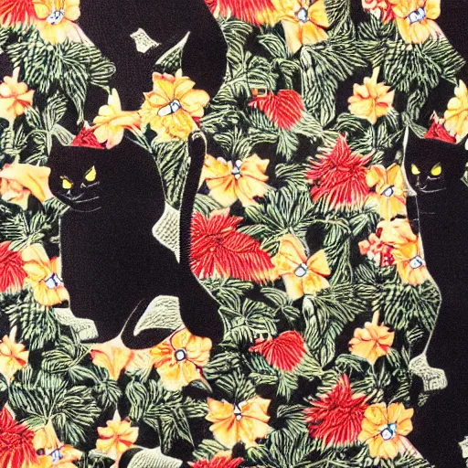 Prompt: photo portrait of a black cat in a vintage aloha shirt, highly detailed, 8 k,