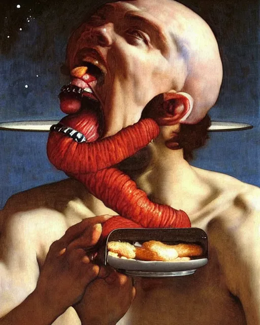 Image similar to saturn devouring his big mac, by edgar maxence and caravaggio and michael whelan, intricate painting, hyper realistic, extremely detailed and beautiful aesthetic face, 8 k resolution