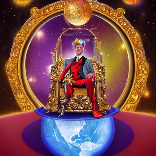 Image similar to shining giant throne made of millions of diamonds, gold and sapphires with thousands of light reflections, and a clown on a tuxedo suit is sitting on the throne while handing an earth globe, dramatic light, digital painting, ultradetailed, artstation, oil painting