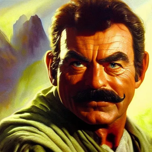 Image similar to ultra realistic portrait painting of tom selleck as yoda, art by frank frazetta, 4 k, ultra realistic, highly detailed, epic lighting