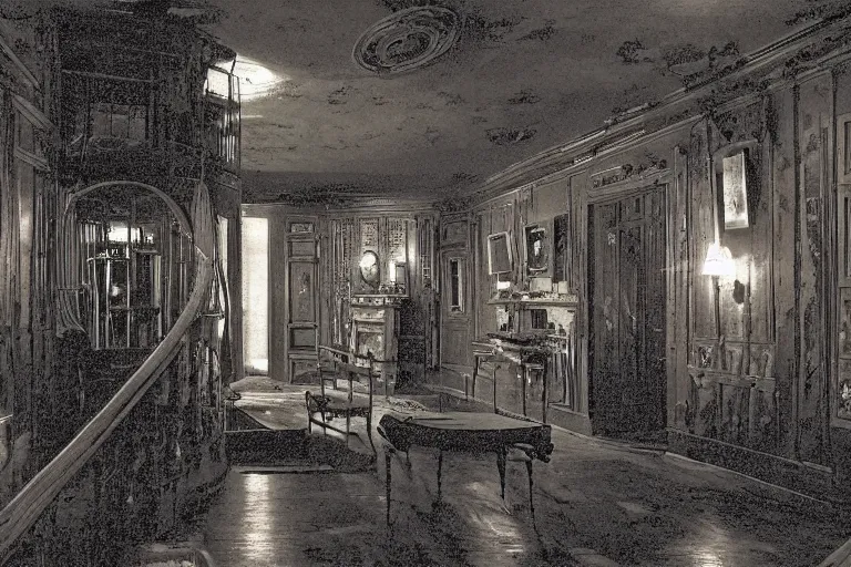 Image similar to full - color photo of the interior of a spooky old mansion at night. the interior architecture and layout are illogical, surreal, bizarre, complicated, and labyrinthine. there is a faintly - visible victorian ghost lurking.