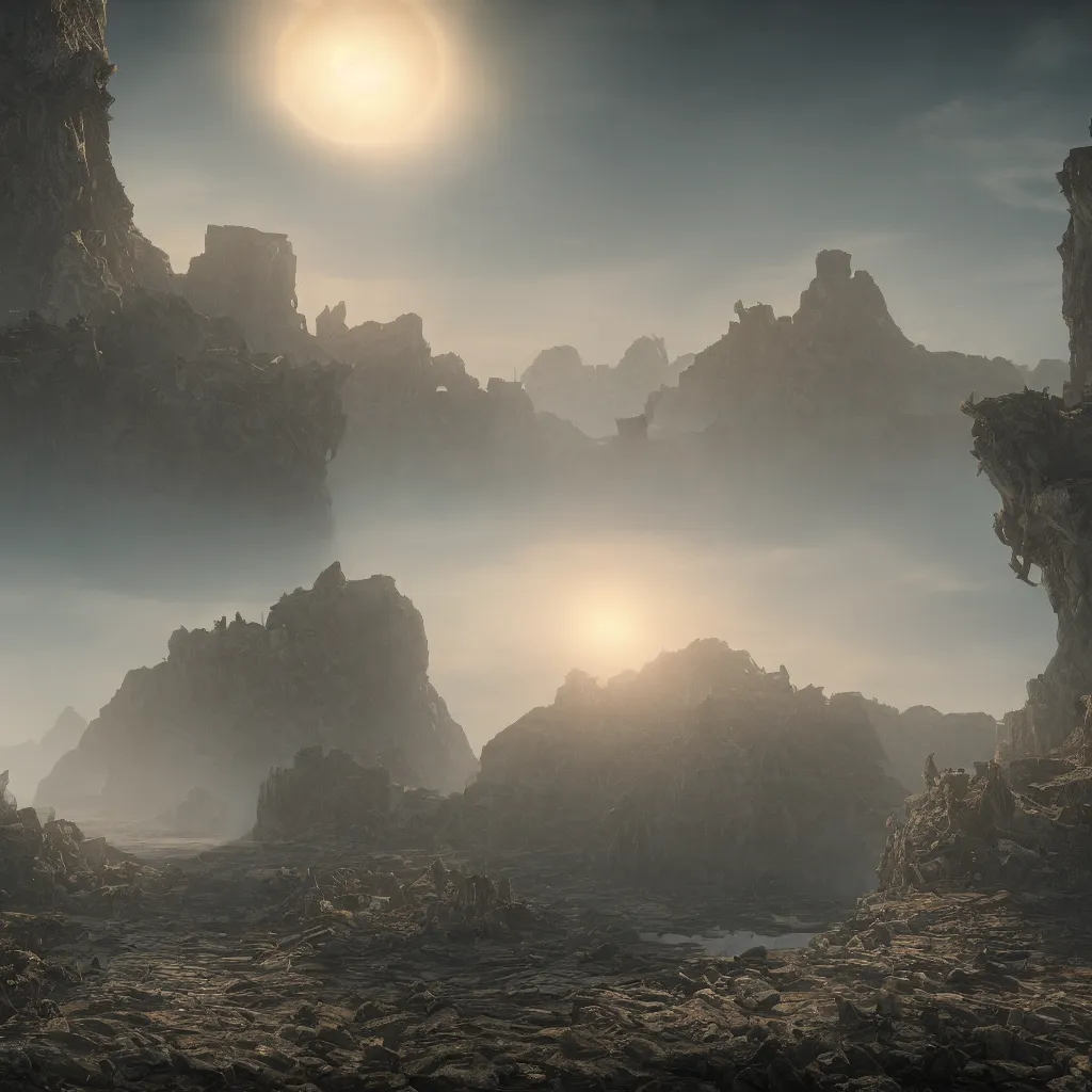 Prompt: An incredibly beautiful but ominous matte painting depicting a landscape with three suns, overgrowing a desolate ruins submerged in fog beneath the setting suns, nvidia, vray, evening, epic scale, octanerender