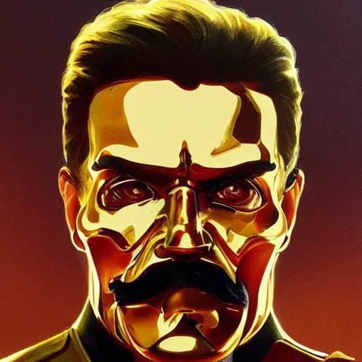 Prompt: joseph stalin with a terminator t - 8 0 0 metallic skull face, highly detailed, digital painting, artstation, concept art, matte, sharp focus, illustration, art by artgerm and greg rutkowski and alphonse mucha