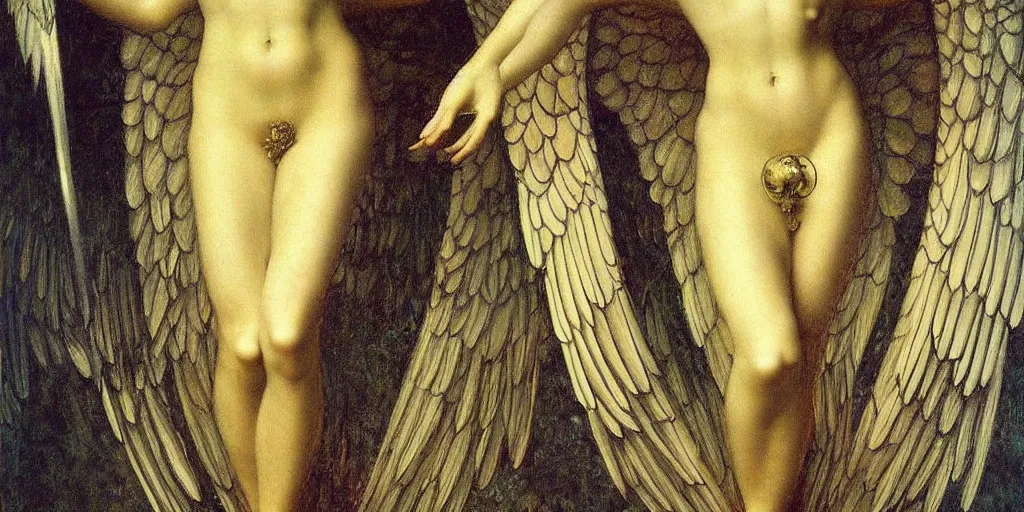 Image similar to a detailed painting of a beautiful archangel, beautiful face and body, halo of sacred light, magical mood, muted tones, by fernand khnopff, jean delville, caravaggio, epic composition, exquisite details, dark mood,