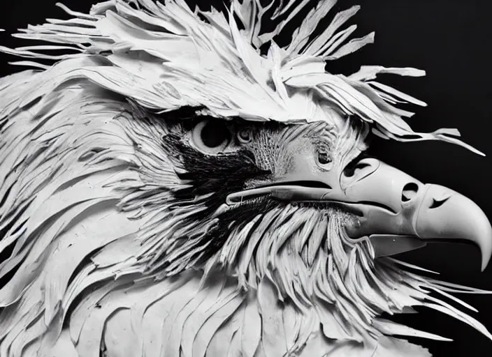 Prompt: pieces of a ripped flag!!!, chicken feathers and saw dust molten and restructured into a beautiful!!!, abstract!!!!!!! sculpture of an eagle, black backdrop, high contrast, award winning photo, dslr, high quality