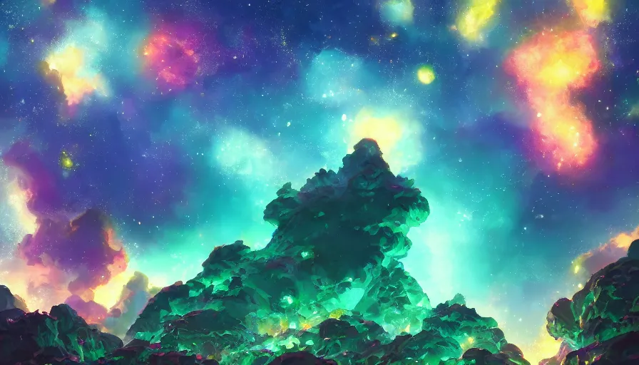 Image similar to A highly detailed digital art painting of a jade green crystalline crystal jade gemstones sparkling cave at night, shimmering starry nebula sky by Studio Ghibli, Makoto Shinkai, by Artgerm, by beeple, volumetric lighting, octane render, 4K resolution, trending on artstation, masterpiece, vivid colours