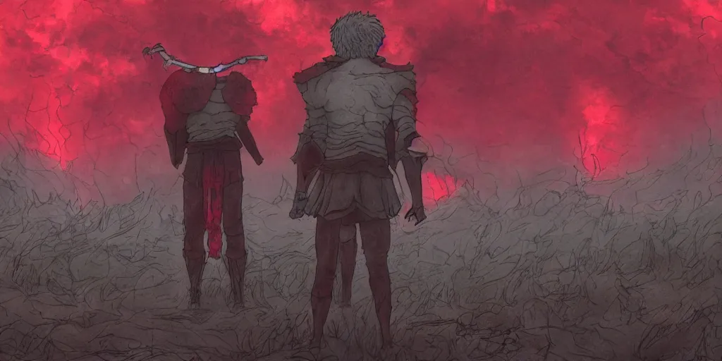 Prompt: guts from berserk standing in front of a grave during a crimson red rain, mourning the deaths of his comrades at dusk, 8k, devianart, depressive colors, cinematic