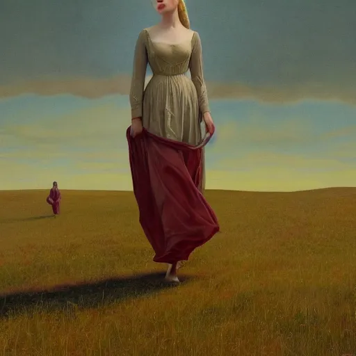 Image similar to Elle Fanning in the painted world of Edmund Leighton, head and shoulders masterpiece, apocalypse, golden hour, cosmic horror, artstation, in the style of Andrew Wyeth and Edward Hopper and Bosch, extremely detailed