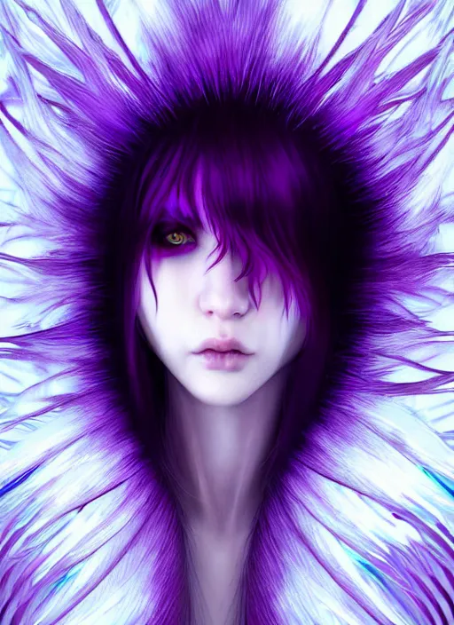 Image similar to hair whitebangs hair, black cyberlox, portrait of normal teenage girl, white bangs, messy bangs, fluffy bangs, cyberlox, whitebangs, red irises, purple background, intricate, elegant, highly detailed, digital painting, artstation, concept art, sharp focus, smooth, illustration, art by wlop, mars ravelo and greg rutkowski