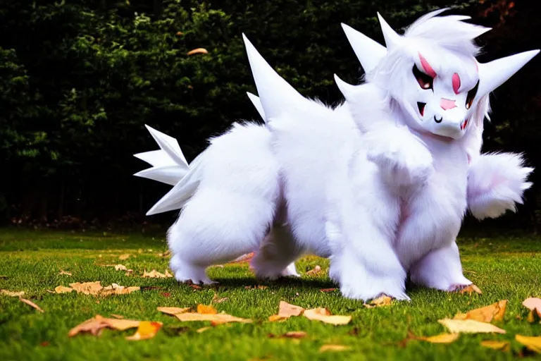 Image similar to real life absol pokemon, cute!!!, heroic!!!, adorable!!!, playful!!!, fluffly!!!, happy!!!, cheeky!!!, mischievous!!!, ultra realistic!!!, autumn, clear weather, ( golden hour ), sharp focus