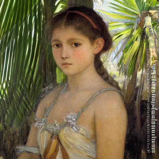 Image similar to a ultradetailed beautiful painting of a girl in the amazonas palace balustrade designed by jules bastien - lepage, tarsila do amaral, frank weston and gustave baumann, beach, trending on artstation, mediterranean, palm trees, hyper detailed face, sharp focus, soft light, 8 k 4 k