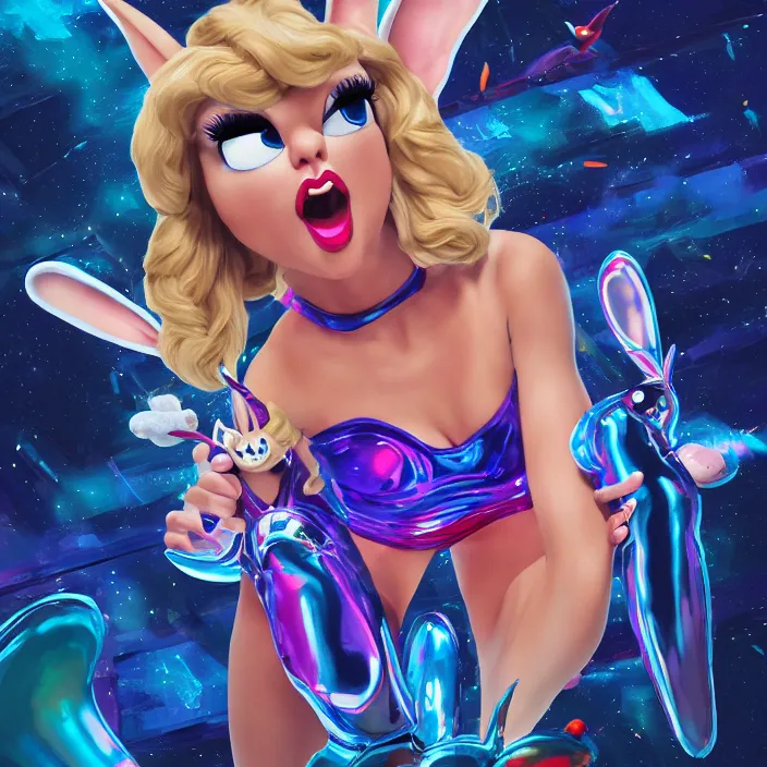 Image similar to portrait of Taylor Swift as Lola Bunny in Space Jam 1996. bunny ears. intricate abstract. intricate artwork. by Tooth Wu, wlop, beeple, dan mumford. octane render, trending on artstation, greg rutkowski very coherent symmetrical artwork. cinematic, hyper realism, high detail, octane render, 8k, iridescent accents