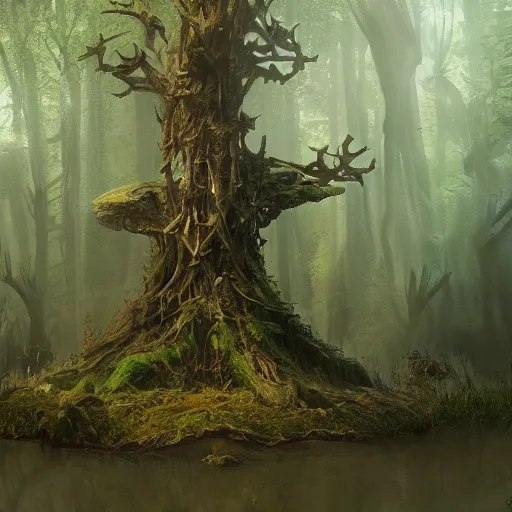 Prompt: living tree, froglike, swamp, greg rutkowski, trending on art station, magic the gathering, 4 k, matte painting