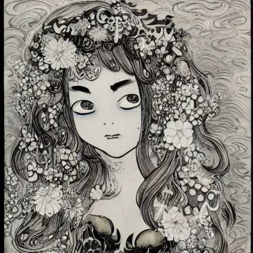 Prompt: prompt: beautiful girl in lake with light up face painted in baroque style, nymph in the water, small flowers around and on the side, 1980 manga, black and white photo, intricate ink drawing, high detail, Neo-expressionism, post-modern gouache marks on the side, gnarly details in the water and brushstrokes