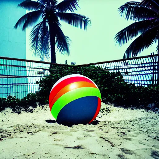 Prompt: noisy color photograph of an underground retrofuturist liminal space, staggered terraces, lonely palm tree next to a beach ball, deformations, minimalist, cinematic, soft vintage glow