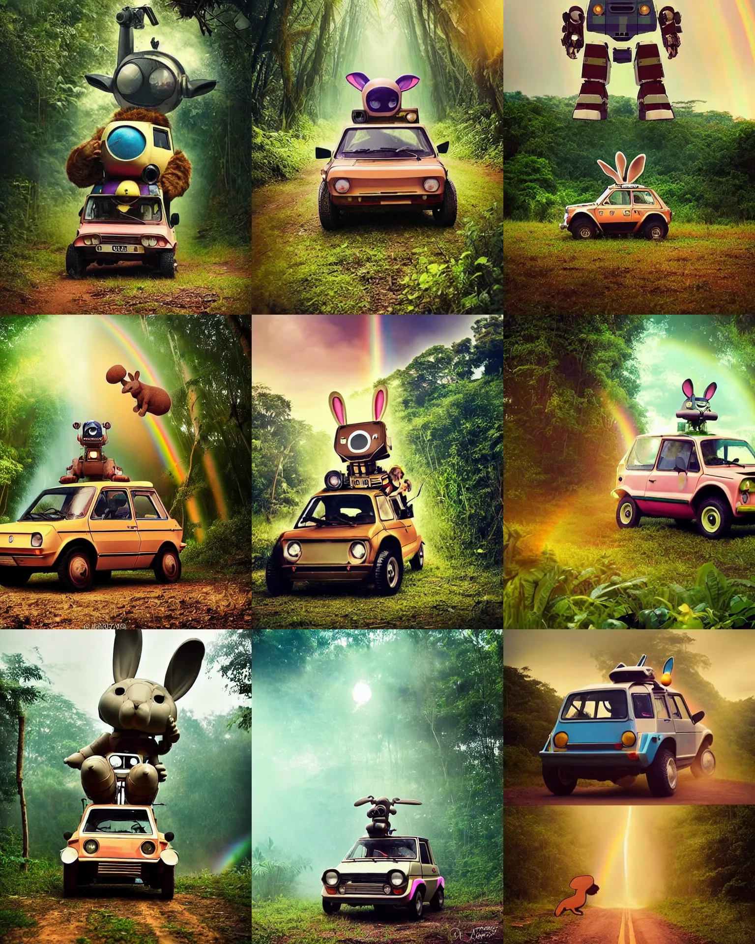 Prompt: epic chase!!!giant oversized battle rabbit robot chubby fat mech with big ears as fiat 126p , in jungle forest !!! , full body , sunset , rainbow, Cinematic focus, Polaroid photo, vintage , neutral dull colors, foggy ,by oleg oprisco , by victor enrich , by gregory crewdson , by discovery channel