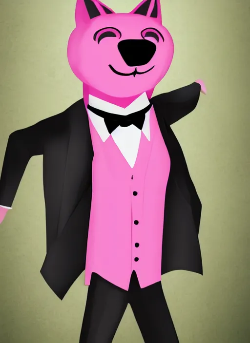 Prompt: An anthropomorphic pink wolf wearing a black suit