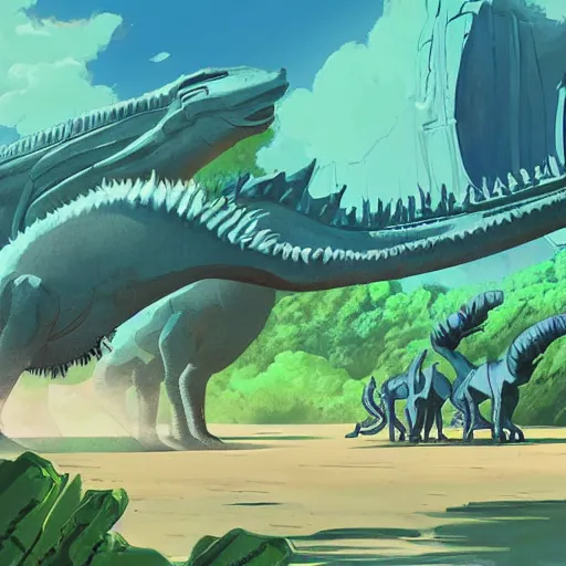 Image similar to concept art painting of an alien world full of alien dinosaurs, detailed, cel shaded, in the style of makoto shinkai and moebius and james gurney