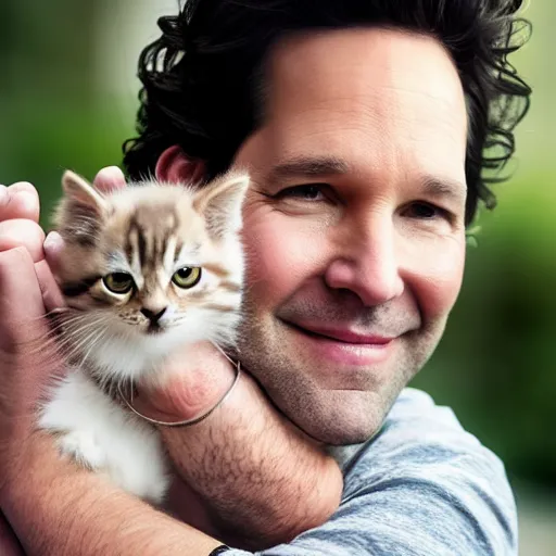 Image similar to paul rudd holding a baby kitten, ( sony a 7 r iv, symmetric balance, polarizing filter, photolab, lightroom, 4 k, dolby vision, photography awardm, voque, perfect face )