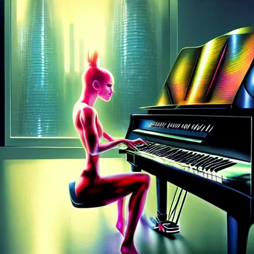 Image similar to a hyperrealistic cyborg playing the piano in a futuristic apartment, award winning art, 8k, highly detailed, sharp focus, cinematic lighting, UHD, in the style of Amano and Ayami Kojima and Karol Bak, art by Mark Brooks and Lisa Frank with vivid colors and crisp details smooth textures