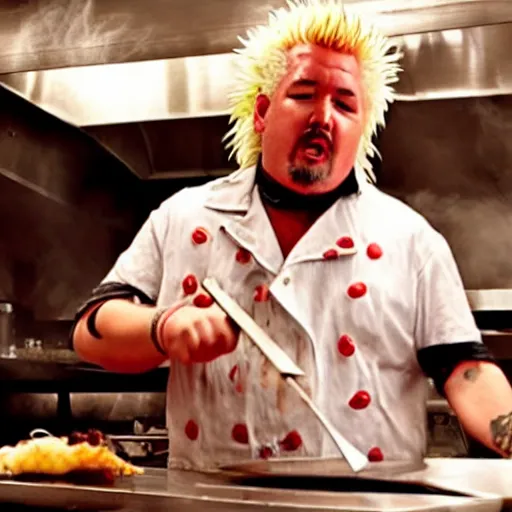 Prompt: guy fieri with tentacles and blade like hair and sharp teeth, in a restaurant kitchen with fire and boiling oil, film still from the movie directed by denis villeneuve with art direction by salvador dali