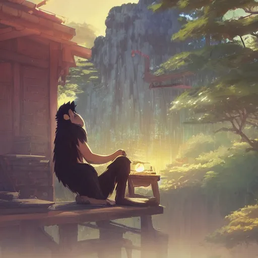 Image similar to carpenter ape in his workshop, landscape illustration concept art anime key visual trending pixiv fanbox by wlop and greg rutkowski and makoto shinkai and studio ghibli and kyoto animation