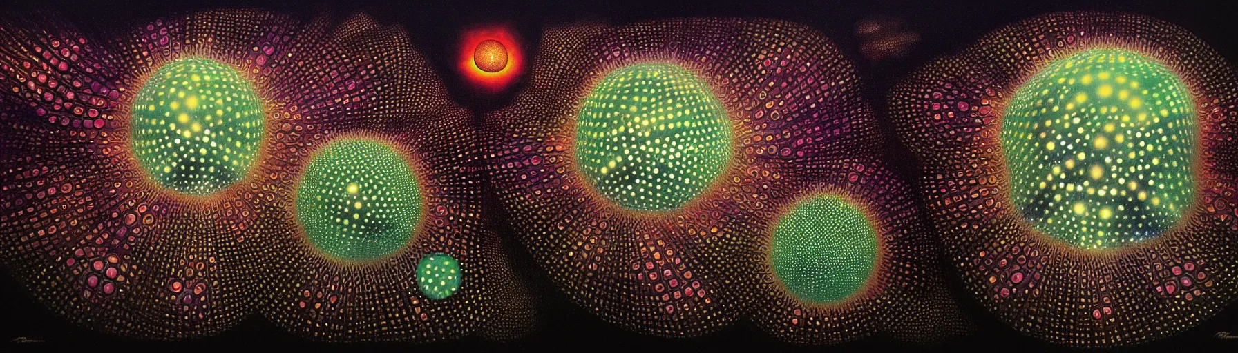 Image similar to strange radiolarian creatures from the depths of the collective unconscious, dramatic lighting, surreal darkly colorful painting by ronny khalil, illustrated by haeckel