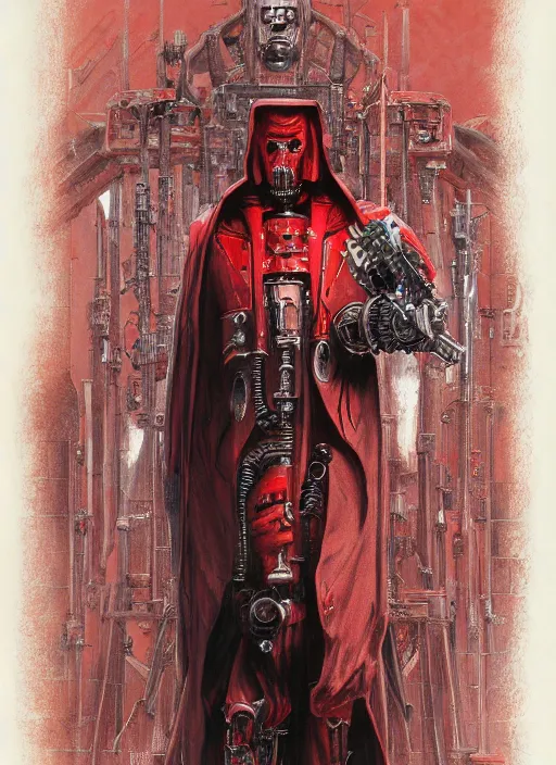 Image similar to portrait of human face adeptus mechanicus in red hood and robe from Warhammer 40000. Highly detailed, artstation, illustration by and John Blanche and zdislav beksinski and wayne barlowe