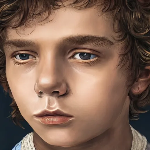 Prompt: a detailed portrait of a medieval ten year old boy, he has short curly brown hair, brown eyes and white skin, fantasy art illustration, incredibly highly detailed and realistic, 8 k, sharp focus