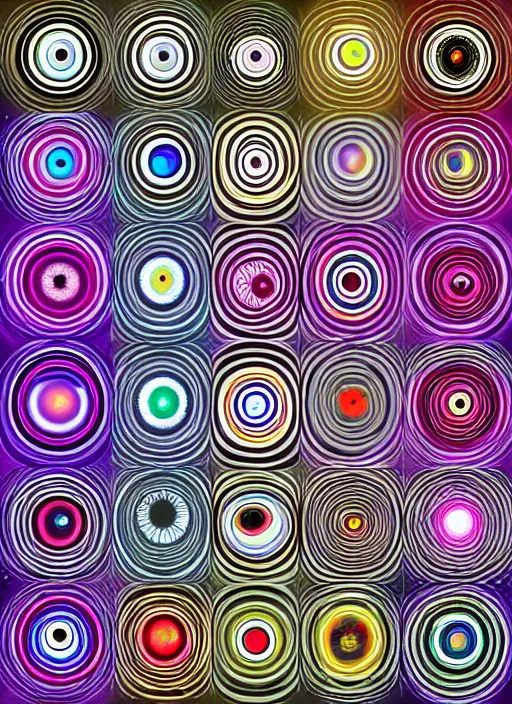 Image similar to diverse eyes!, rotating circle, dot pupils, teams, healing, energetic, life, hybrids, thin glowing devices, reflections, vitals visualiser!!, advanced art, art styles mix, from wikipedia, grid of styles, various eye shapes