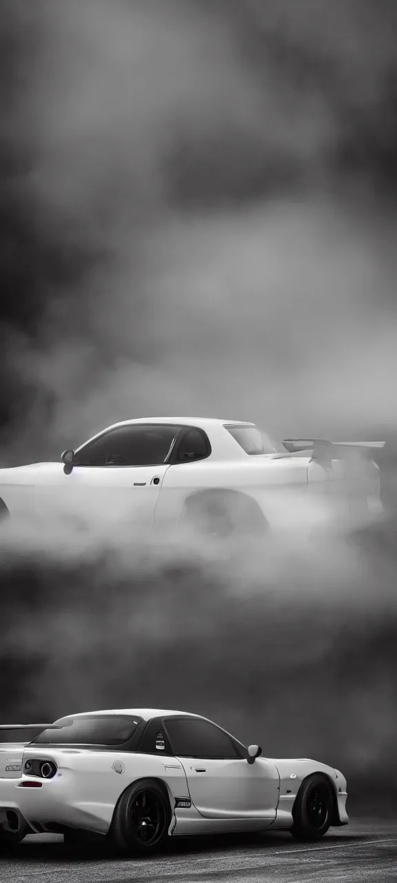 Image similar to a jdm mazda rx - 7 drifting in dunwall, cinematic, dark atmosphere, long exposure, white balance, 8 k, led, lumen global illumination, fog, ray tracing reflections