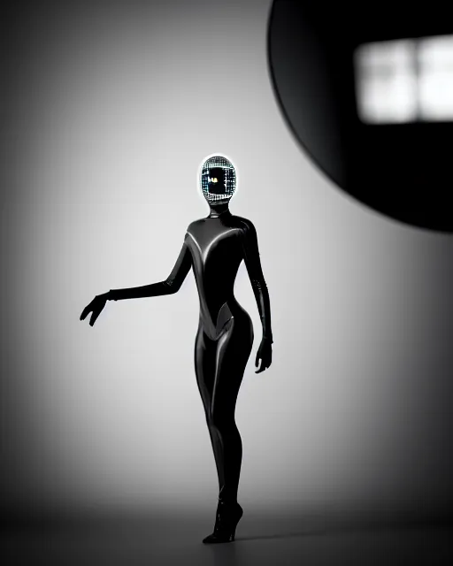 Prompt: black and white high quality photo of a beautiful futuristic dancing female human-queen-insect-cyborg looking into a sci-fi mirror:: volumetric lighting, liminal space, brutalism, foggy, dreamy, hyperdetailed, bokeh, photorealistic, cinematic, masterpiece, Metropolis, elegant, dark, octane render, 8K, by Man Ray in the style of Dora Maar